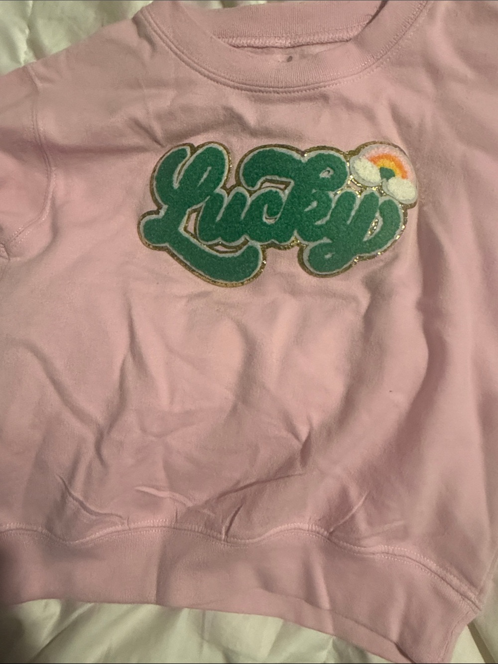 Wink Pink Pullover with Green Patch and Gold Trim